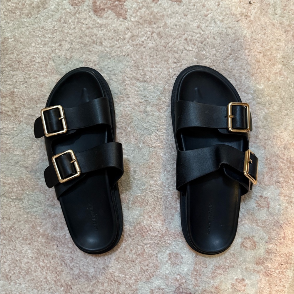 Banana Republic Black Slide Sandals with Gold Buckles